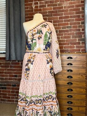 Farm Rio Pink Peach One Shoulder Cotton Dream Garden Maxi Dress,NWT Fall